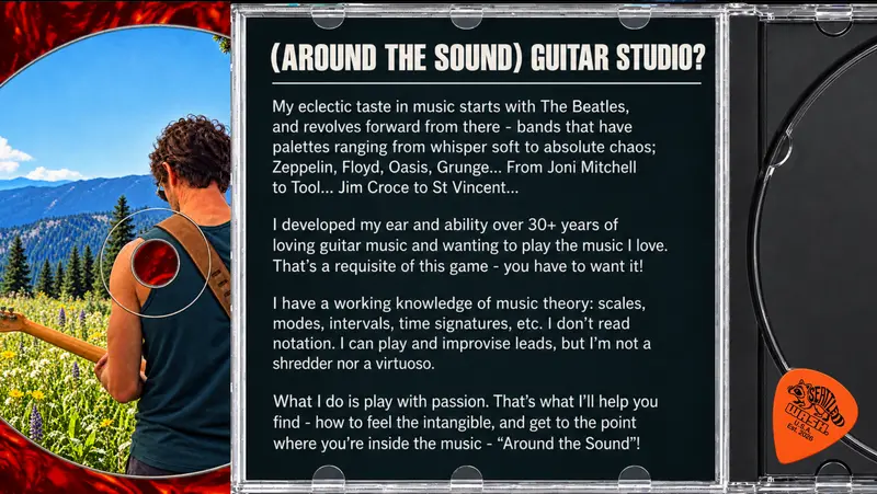 Around the Sound Guitar Studio flyer card with a photo and intro text
