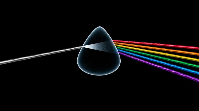 A guitar string running through a pick-shaped prism and splitting into a rainbow of strings