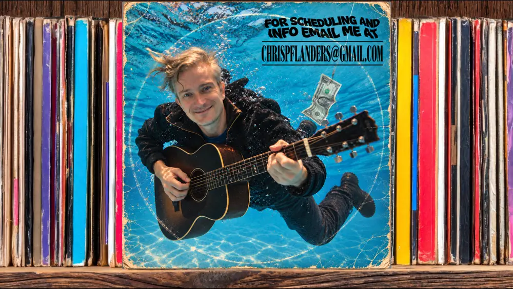Chris with guitar on a mock album cover in a crate of records